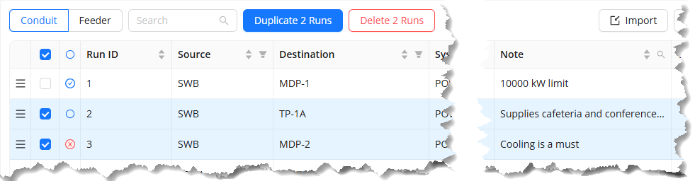 Table displaying run IDs, sources, destinations, and important notes for system management.